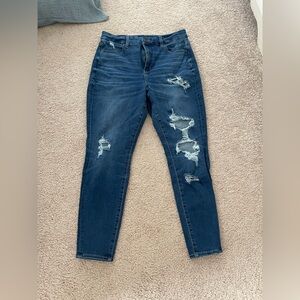 American Eagle Curvy Hi Rise Dark Blue Distressed Jeans